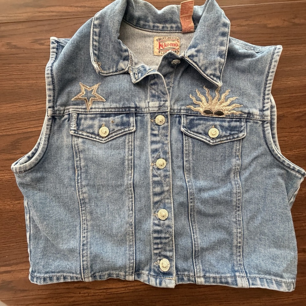 Kikomo Denim Vest Embroidered Sun Face Star Patch Cropped Sleeveless Jean Jacket